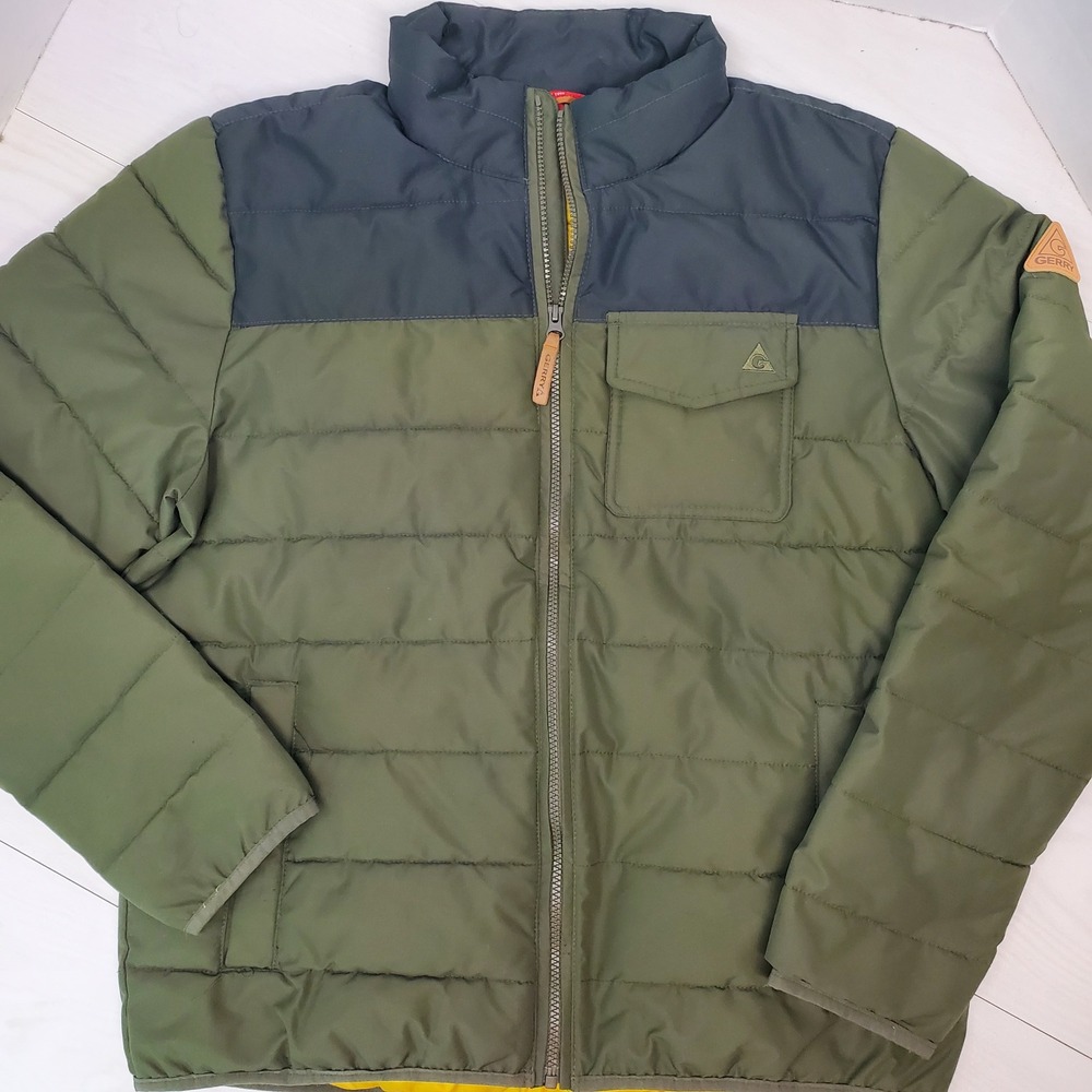 Gerry Mens Puffer Jacket Olive Green Grey Colorblock Quilted Large Gorpcore‎ 90s